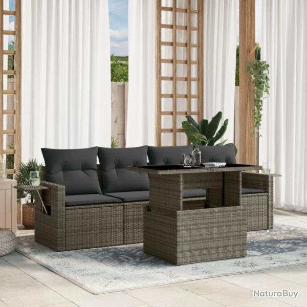 Salon de jardin 5 pcs avec coussins gris rsine tresse