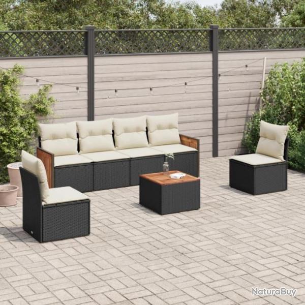 Salon de jardin 7 pcs avec coussins noir rsine tresse