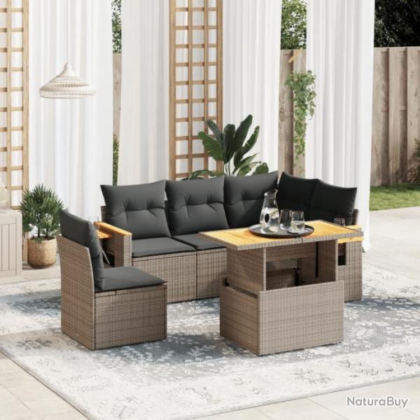 Salon de jardin 6 pcs avec coussins gris rsine tresse