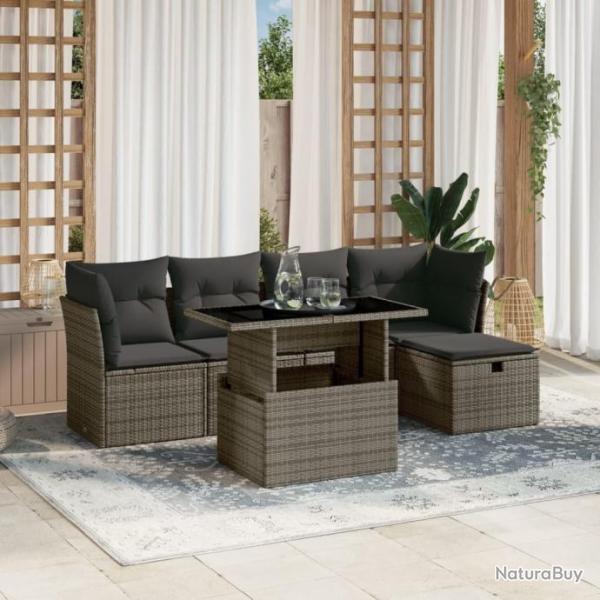 Salon de jardin 6 pcs avec coussins gris rsine tresse