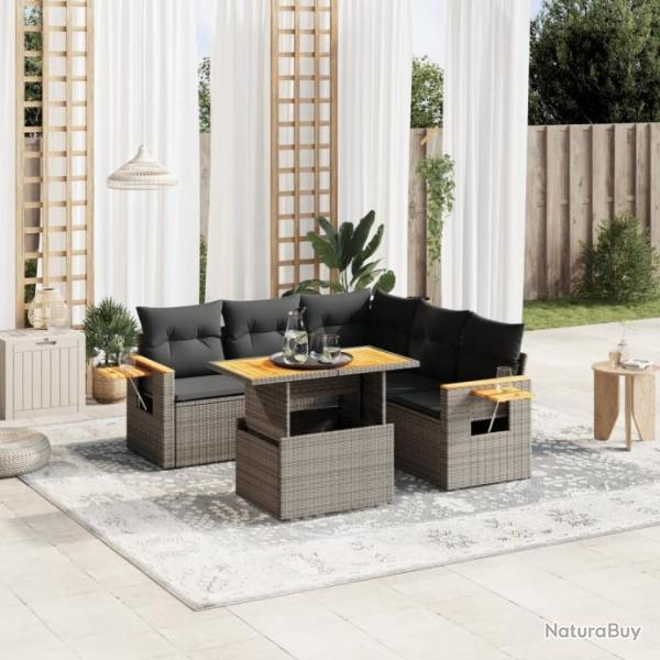 Salon de jardin 6 pcs avec coussins gris rsine tresse