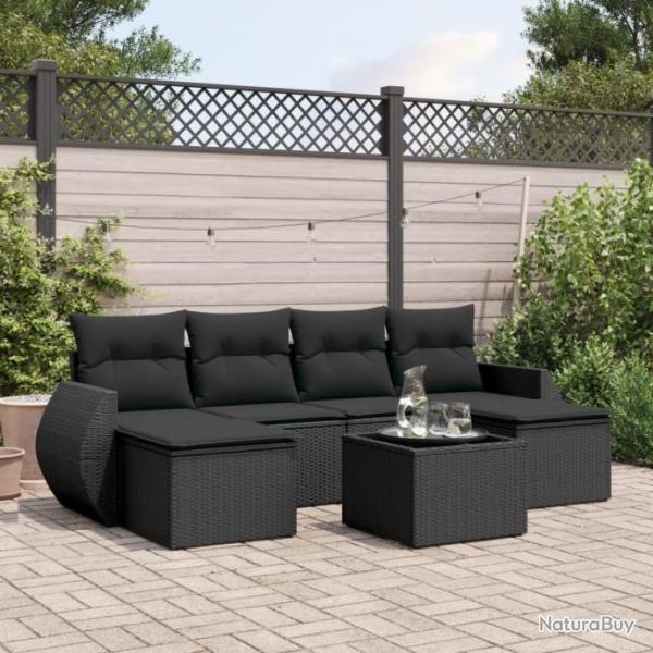 Salon de jardin 7 pcs avec coussins noir rsine tresse