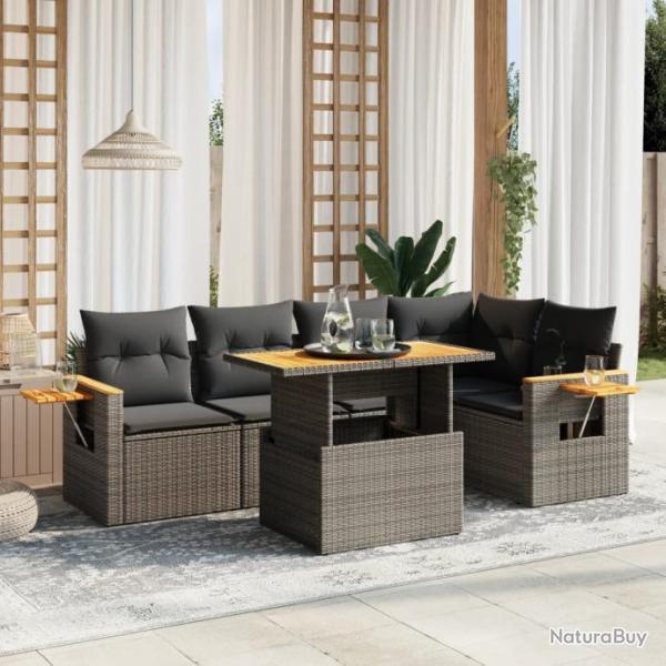 Salon de jardin 6 pcs avec coussins gris rsine tresse