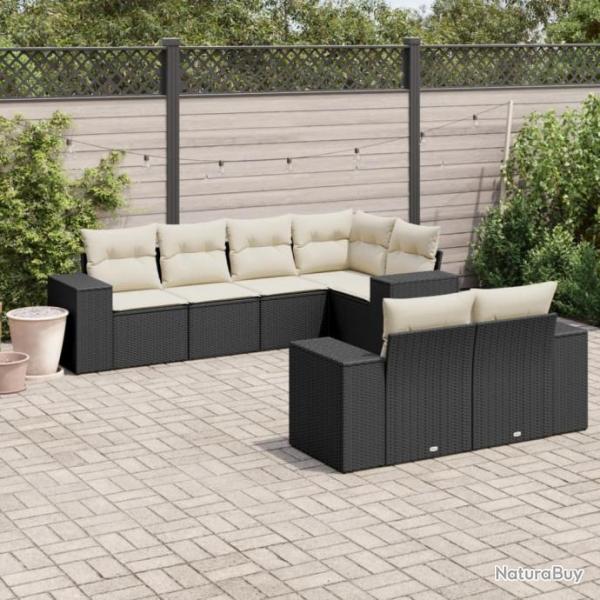 Salon de jardin 7 pcs avec coussins noir rsine tresse