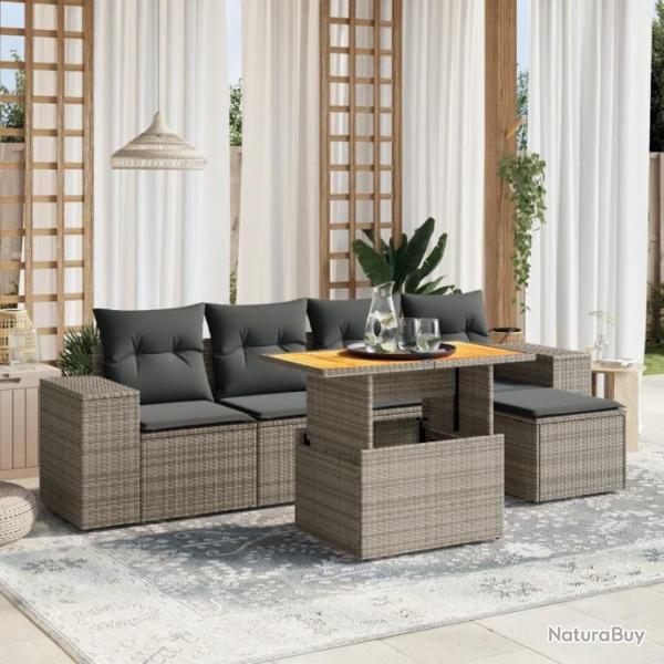 Salon de jardin 6 pcs avec coussins gris rsine tresse