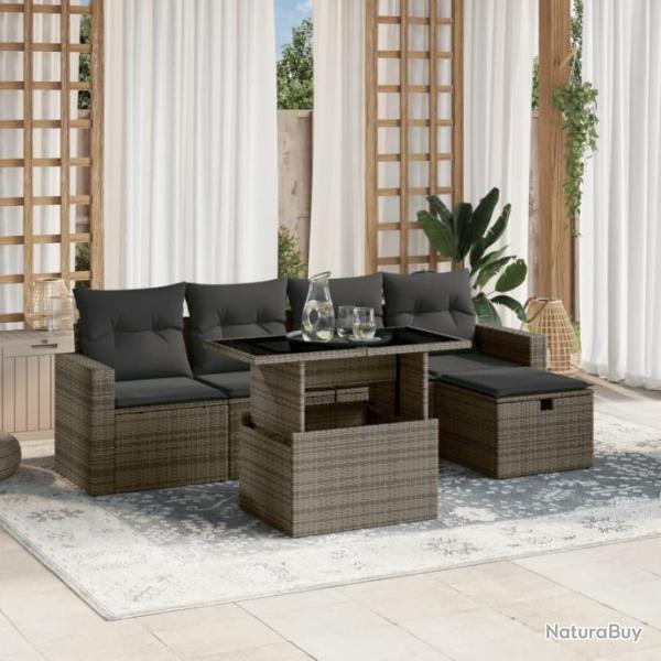 Salon de jardin 6 pcs avec coussins gris rsine tresse