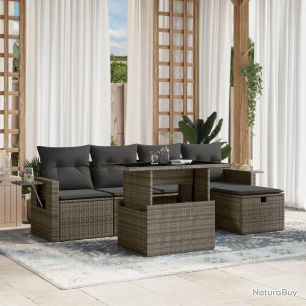 Salon de jardin 6 pcs avec coussins gris rsine tresse