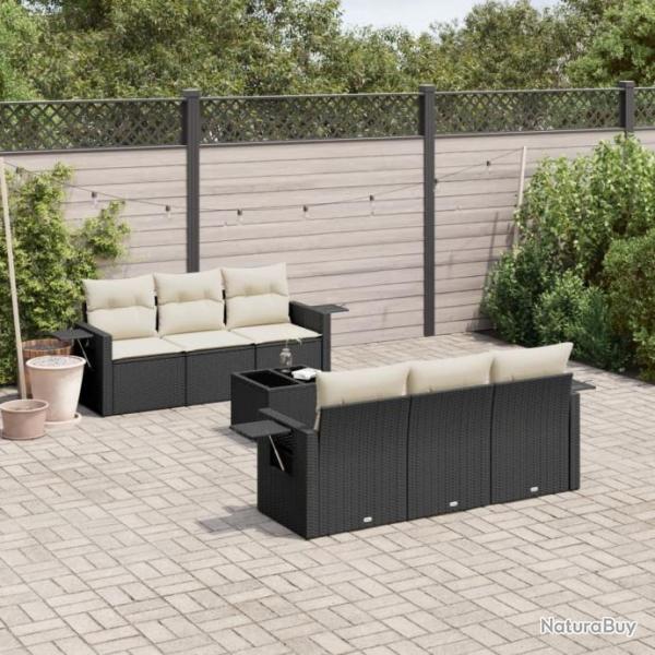 Salon de jardin 7 pcs avec coussins noir rsine tresse