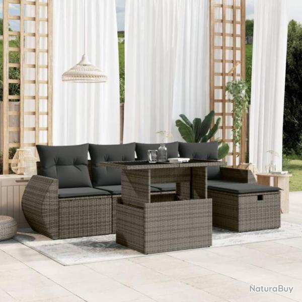 Salon de jardin 6 pcs avec coussins gris rsine tresse