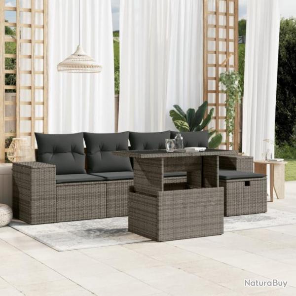 Salon de jardin 6 pcs avec coussins gris rsine tresse