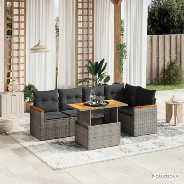 Salon de jardin 6 pcs avec coussins gris rsine tresse