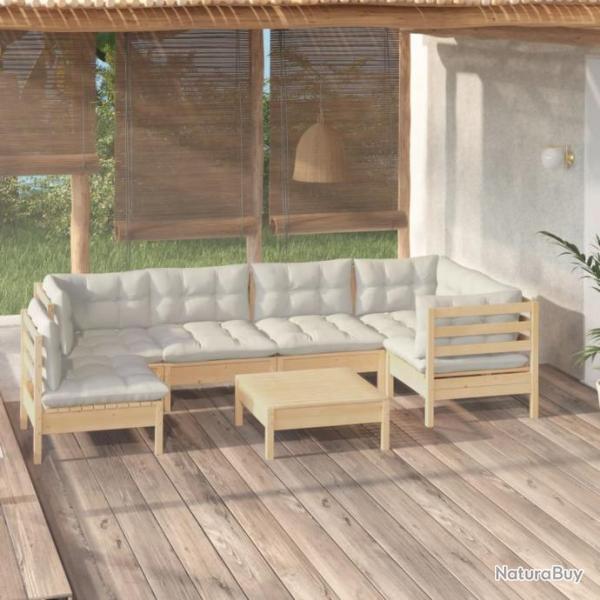 Salon de jardin 7 pcs avec coussins crme Bois de pin