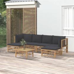 Salon de jardin 7 pcs avec coussins gris foncé bambou