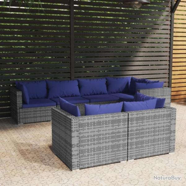 Salon de jardin 7 pcs avec coussins Gris Rsine tresse