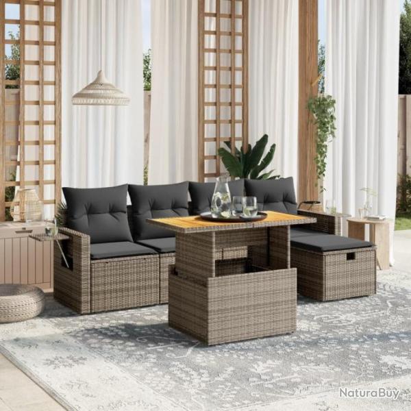 Salon de jardin 6 pcs avec coussins gris rsine tresse