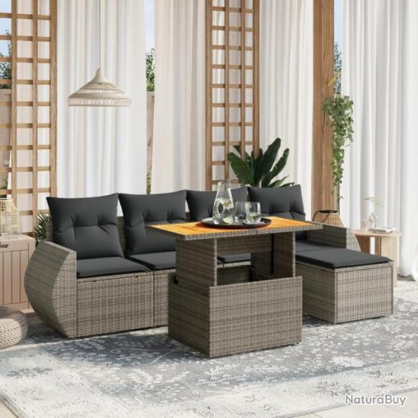 Salon de jardin 6 pcs avec coussins gris rsine tresse