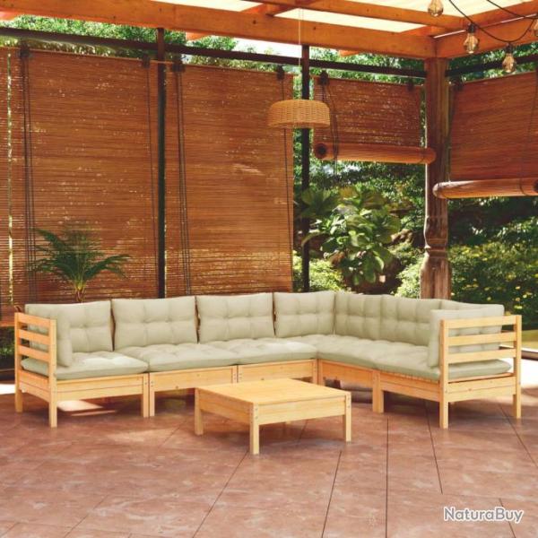 Salon de jardin 7 pcs avec coussins crme Bois de pin solide