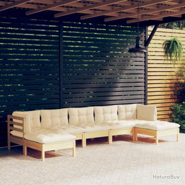 Salon de jardin 7 pcs avec coussins crme Bois de pin