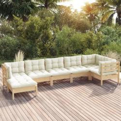 Salon de jardin 7 pcs avec coussins crème Bois de pin solide