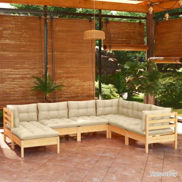 Salon de jardin 7 pcs avec coussins crme Bois de pin solide