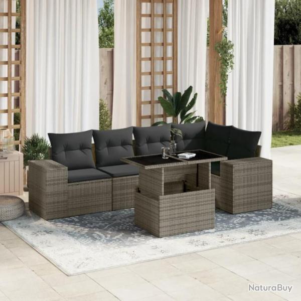 Salon de jardin 6 pcs avec coussins gris rsine tresse