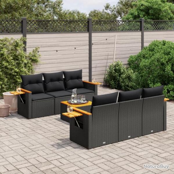 Salon de jardin 7 pcs avec coussins noir rsine tresse