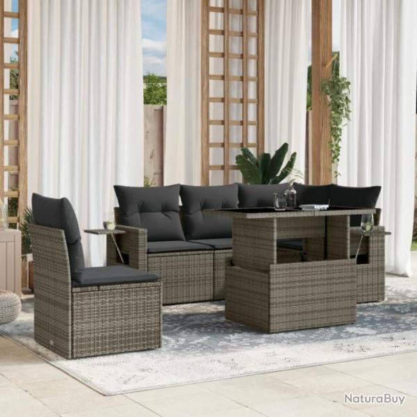 Salon de jardin 6 pcs avec coussins gris rsine tresse