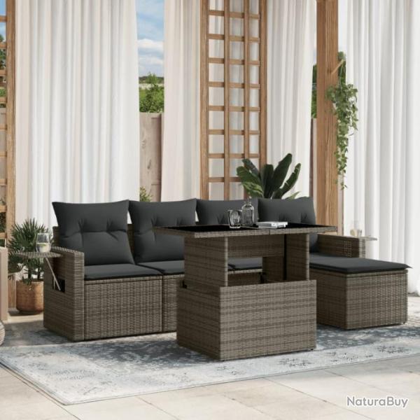 Salon de jardin 6 pcs avec coussins gris rsine tresse