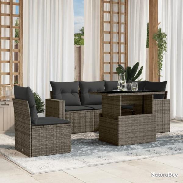 Salon de jardin 6 pcs avec coussins gris rsine tresse