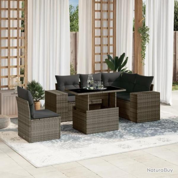 Salon de jardin 6 pcs avec coussins gris rsine tresse