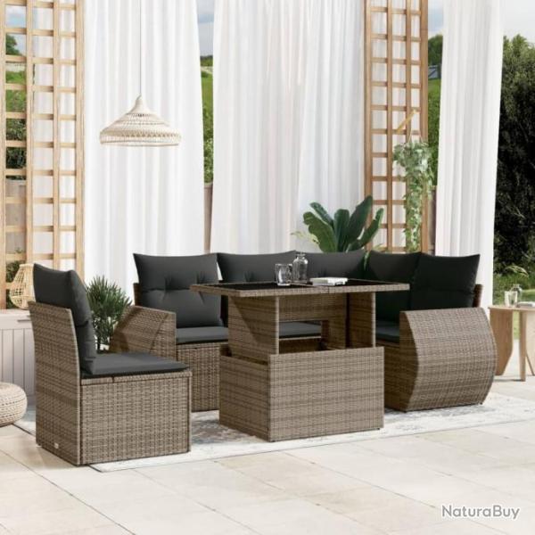 Salon de jardin 6 pcs avec coussins gris rsine tresse