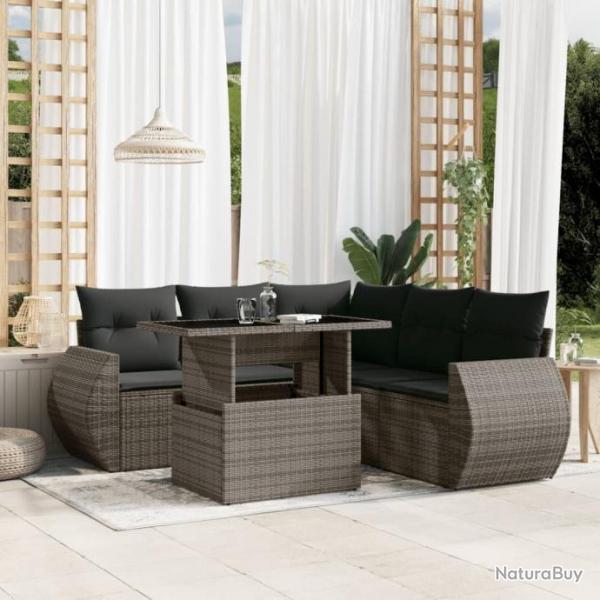 Salon de jardin 6 pcs avec coussins gris rsine tresse