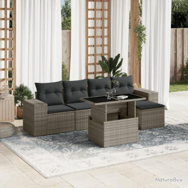 Salon de jardin 6 pcs avec coussins gris rsine tresse