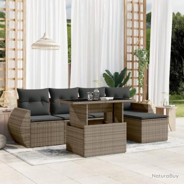 Salon de jardin 6 pcs avec coussins gris rsine tresse