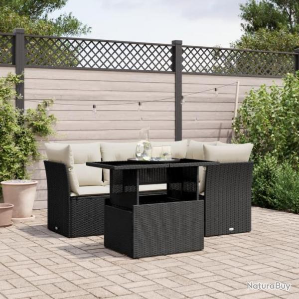 Salon de jardin 5 pcs avec coussins noir rsine tresse