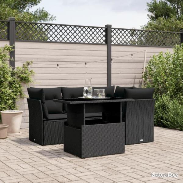 Salon de jardin 5 pcs avec coussins noir rsine tresse