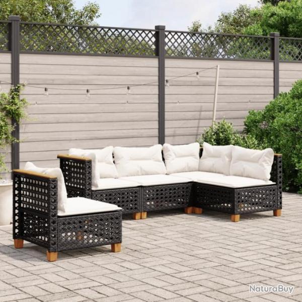 Salon de jardin 5 pcs avec coussins noir rsine tresse