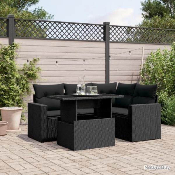 Salon de jardin 5 pcs avec coussins noir rsine tresse