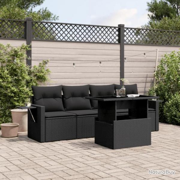 Salon de jardin 5 pcs avec coussins noir rsine tresse