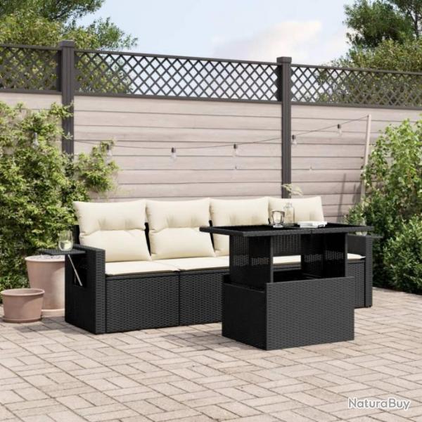 Salon de jardin 5 pcs avec coussins noir rsine tresse