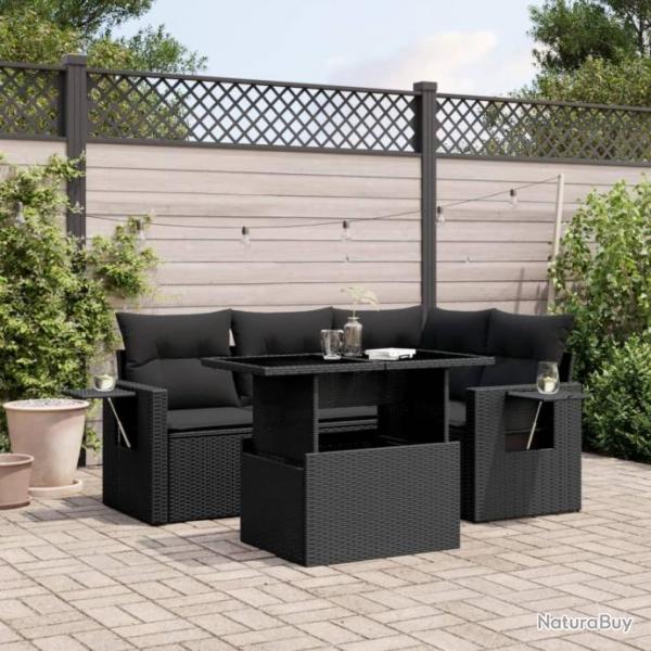 Salon de jardin 5 pcs avec coussins noir rsine tresse