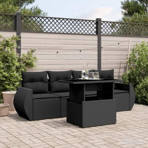 Salon de jardin 5 pcs avec coussins noir rsine tresse