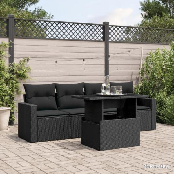 Salon de jardin 5 pcs avec coussins noir rsine tresse