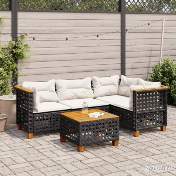 Salon de jardin 5 pcs avec coussins noir rsine tresse