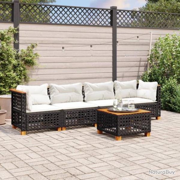 Salon de jardin 5 pcs avec coussins noir rsine tresse