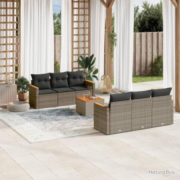 Salon de jardin avec coussins 7 pcs gris rsine tresse