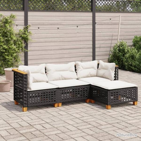 Salon de jardin 4 pcs avec coussins noir rsine tresse