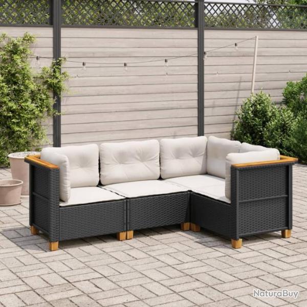 Salon de jardin 4 pcs avec coussins noir rsine tresse