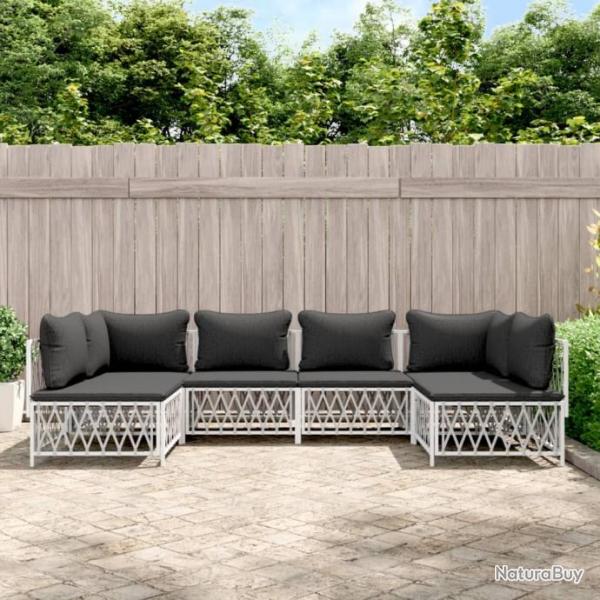 Salon de jardin avec coussins 6 pcs blanc acier