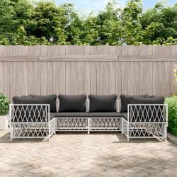 Salon de jardin avec coussins 6 pcs blanc acier